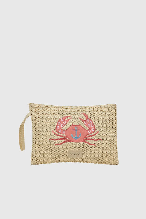 VERDE FASHION | Pochette mare in rafia ricamo granchio