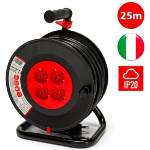 Avvolgicavo 25 metri, 4 Prese 
Polivalenti (Schuko + 10/16A), Spina 
16A (grande),Sezione Cavo 3G1,5 mm²
