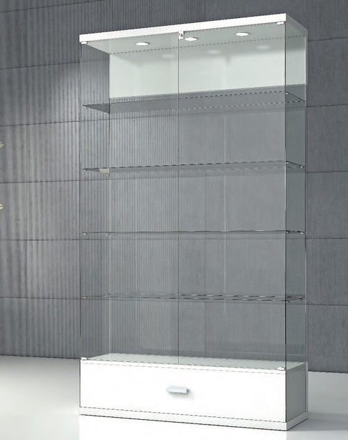 Vetrina espositiva per negozi con cassetto estraibile di colore bianco lucido cm. 120x40x210h