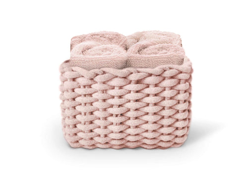 Set di 4 lavette Daunex Classic 30x30 in spugna di cotone con cestino decorativo, accessorio bagno elegante.