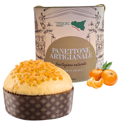 Tesori di sicilia panettone artigianale ai mandarini 1kg, latta ù ciauru di palermo panettone a lievitazione naturale, con mazzo di carte siciliano omaggio