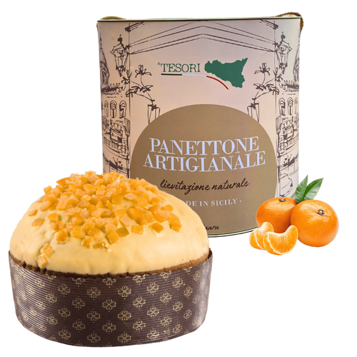 Tesori di sicilia panettone artigianale ai mandarini 1kg, latta ù ciauru di palermo panettone a lievitazione naturale, con mazzo di carte siciliano omaggio
