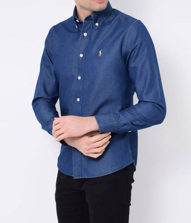 Camicia Uomo Ralph Lauren Uomo Camicia Sportiva in Jeans Denim Scuro Casual Custom Fit Vestibilità Regolare Blu Navy Coletto Button Down E Logo Ricamato