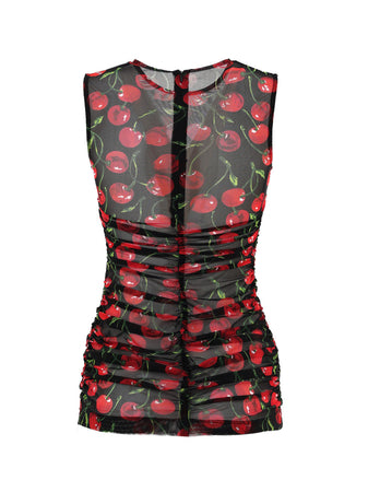 Dolce &amp; Gabbana Top Smanicato in Tulle Nero Stampa Ciliegie da donna