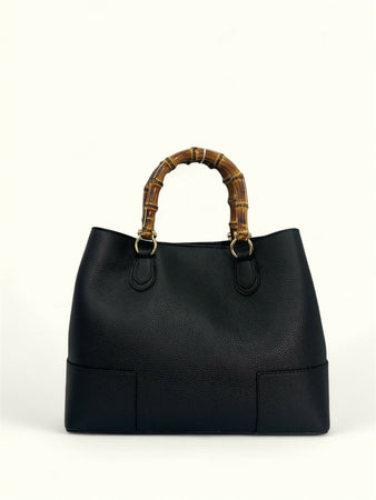 DOPPIASE Borsa artigianale Made in Italy in vera pelle martellata con manici in bamboo naturale 38x27x13cm