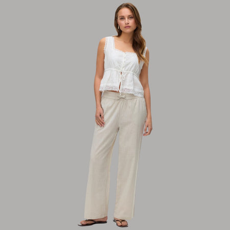 Vero Moda Pantaloni Wide Leg Cotton Linen Vita Medio Elasticizzata