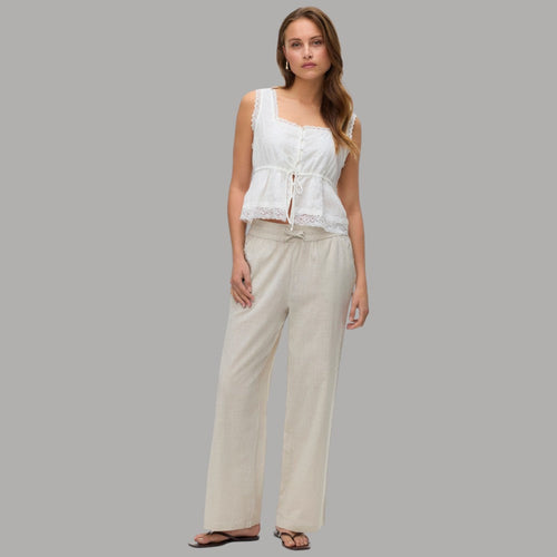 Vero Moda Pantaloni Wide Leg Cotton Linen Vita Medio Elasticizzata