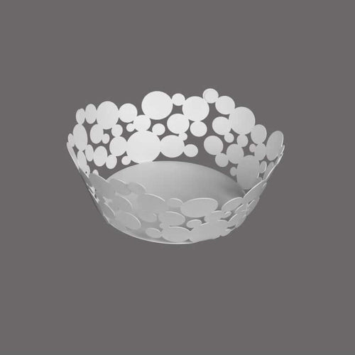 Cesto centrotavola Bolle Ceart in acciaio dolce con taglio laser, disegno decorativo a bolle, diametro 28 cm, altezza 11 cm, artigianale Made in Italy.