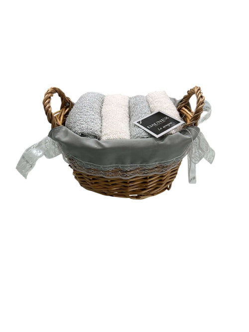 Set lavette Daunex Cottage 30x30 in spugna di cotone con cestino stile country chic, accessorio bagno elegante.