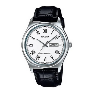 Orologio Casio da polso per uomo, MTP-V006L-7B, quadrante bianco con segna data e giorno, cinturino in pelle nero