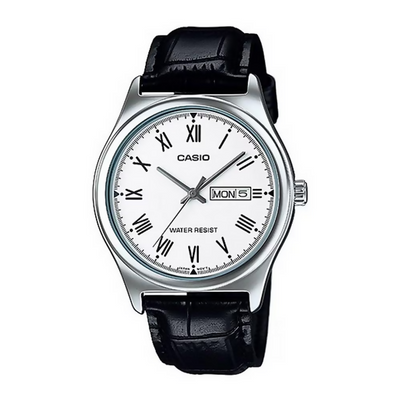 Orologio Casio da polso per uomo, MTP-V006L-7B, quadrante bianco con segna data e giorno, cinturino in pelle nero