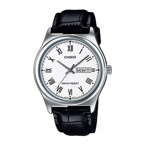 Orologio Casio da polso per uomo, MTP-V006L-7B, quadrante bianco con segna data e giorno, cinturino in pelle nero