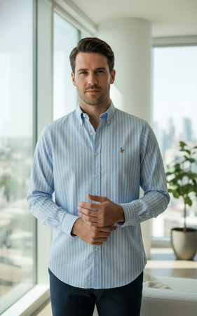 RALPH LAUREN Camicia Uomo a Righe Bianca e Azzurra Slim Fit Camicia Button-Down Maniche Lunghe Pony Ricamato Ralph