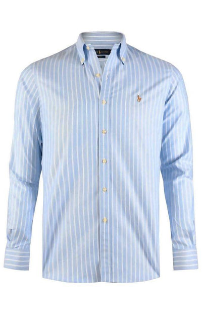 RALPH LAUREN Camicia Uomo a Righe Bianca e Azzurra Slim Fit Camicia Button-Down Maniche Lunghe Pony Ricamato Ralph