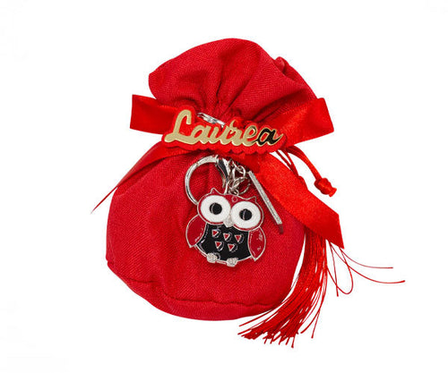 Sacchetto Laurea con Portachiavi Gufetto – Bomboniera Cotone e Metallo