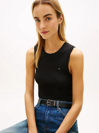 Tommy Hilfiger canotta / t-shirt donna in cotone nera con logo ricamato slim fit