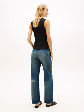 Tommy Hilfiger canotta / t-shirt donna in cotone nera con logo ricamato slim fit