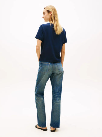 Tommy Hilfiger T-shirt donna in cotone stretch blu con logo ricamato regular fit