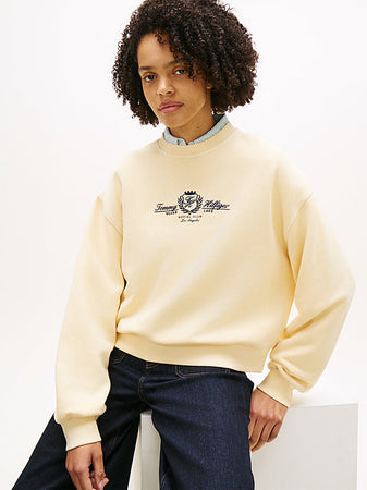 Felpa donna Tommy Hilfiger panna relaxed fit in cotone con stemma ricamato – WW0WW48733AEX