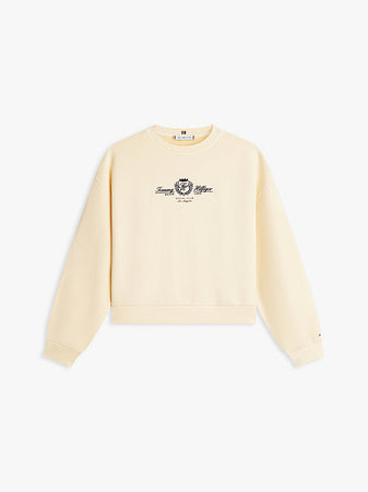 Felpa donna Tommy Hilfiger panna relaxed fit in cotone con stemma ricamato – WW0WW48733AEX