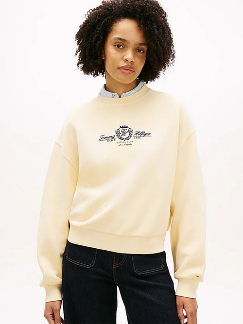 Felpa donna Tommy Hilfiger panna relaxed fit in cotone con stemma ricamato – WW0WW48733AEX