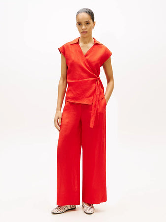 Pantalone donna Tommy Hilfiger in lino relaxed fit ampio rosso WW0WW48970SNE