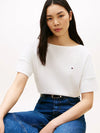 Tommy Hilfiger T-shirt donna in cotone con scollo a barca relaxed fit bianca