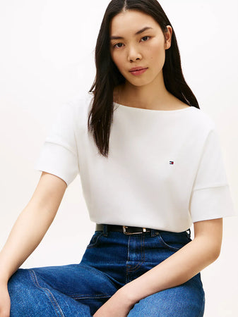 Tommy Hilfiger T-shirt donna in cotone con scollo a barca relaxed fit bianca