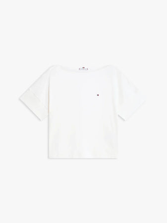 Tommy Hilfiger T-shirt donna in cotone con scollo a barca relaxed fit bianca