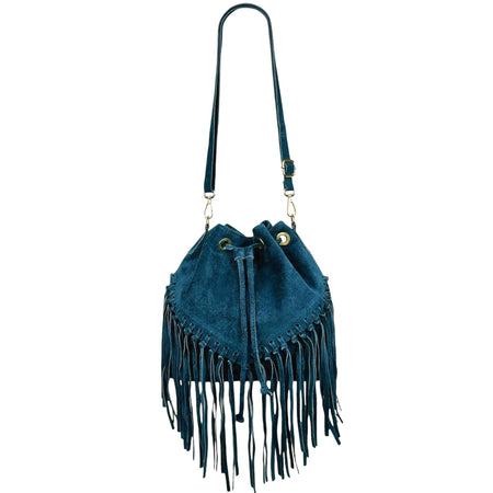 Modarno Borsa in pelle scamosciata con frangie 26x13x26 cm