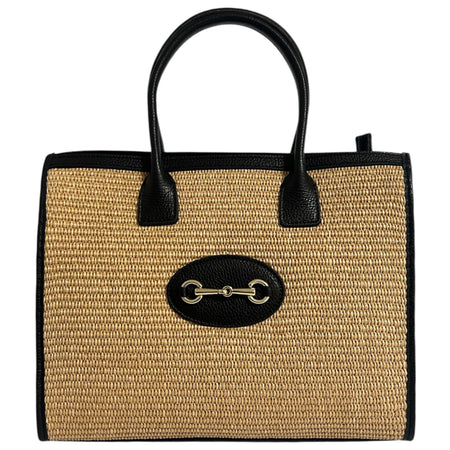 Modarno Borsa Shopper con tracolla in vera pelle e rafia Made in Italy 27x12x22 cm