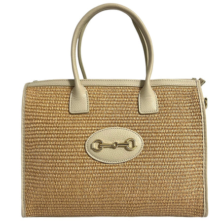 Modarno Borsa Shopper con tracolla in vera pelle e rafia Made in Italy 27x12x22 cm