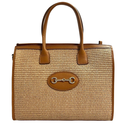 Modarno Borsa Shopper con tracolla in vera pelle e rafia Made in Italy 27x12x22 cm