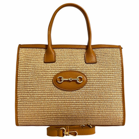 Modarno Borsa Shopper con tracolla in vera pelle e rafia Made in Italy 27x12x22 cm