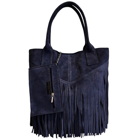 Modarno Borsa shopper da donna in vera pelle scamosciata con frangia più custodia per gioielli dello stesso colore