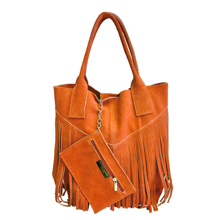 Modarno Borsa shopper da donna in vera pelle scamosciata con frangia più custodia per gioielli dello stesso colore