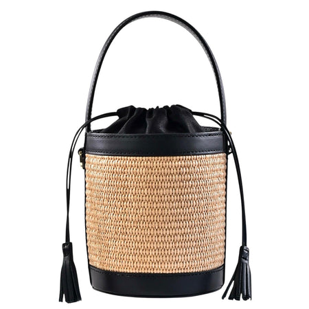 Modarno Borsa Secchiello in Vera Pelle spazzolata e rafia 18x13x16 cm