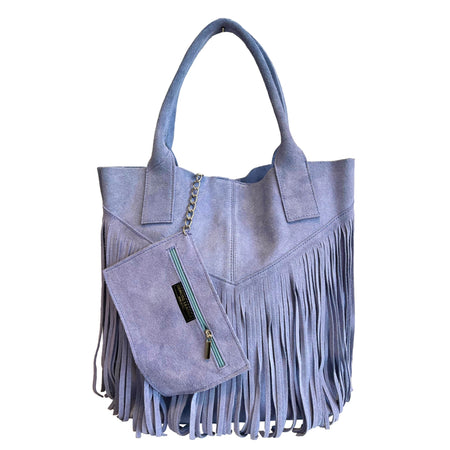 Modarno Borsa shopper da donna in vera pelle scamosciata con frangia più custodia per gioielli dello stesso colore