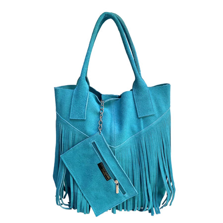 Modarno Borsa shopper da donna in vera pelle scamosciata con frangia più custodia per gioielli dello stesso colore