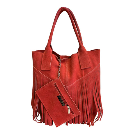 Modarno Borsa shopper da donna in vera pelle scamosciata con frangia più custodia per gioielli dello stesso colore