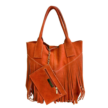 Modarno Borsa shopper da donna in vera pelle scamosciata con frangia più custodia per gioielli dello stesso colore