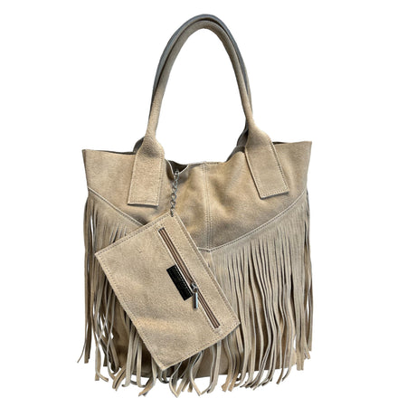 Modarno Borsa shopper da donna in vera pelle scamosciata con frangia più custodia per gioielli dello stesso colore