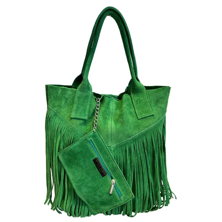 Modarno Borsa shopper da donna in vera pelle scamosciata con frangia più custodia per gioielli dello stesso colore