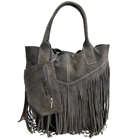 Modarno Borsa shopper da donna in vera pelle scamosciata con frangia più custodia per gioielli dello stesso colore