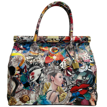 Modarno Handbag Borsa Donna a Mano Pelle con Tracolla Bauletto 35x28x16 cm (Fantasia Fiore)
