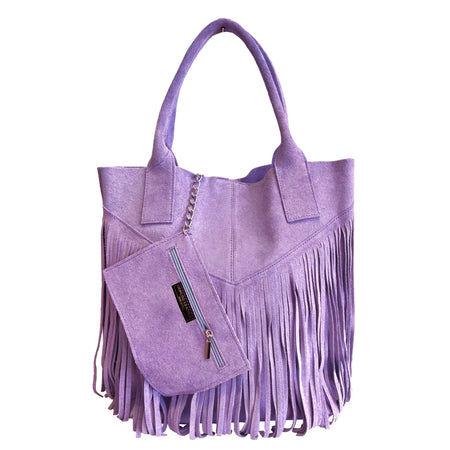 Modarno Borsa shopper da donna in vera pelle scamosciata con frangia più custodia per gioielli dello stesso colore