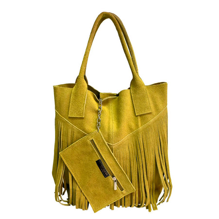 Modarno Borsa shopper da donna in vera pelle scamosciata con frangia più custodia per gioielli dello stesso colore
