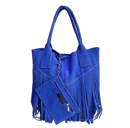 Modarno Borsa shopper da donna in vera pelle scamosciata con frangia più custodia per gioielli dello stesso colore