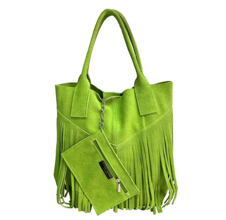 Modarno Borsa shopper da donna in vera pelle scamosciata con frangia più custodia per gioielli dello stesso colore