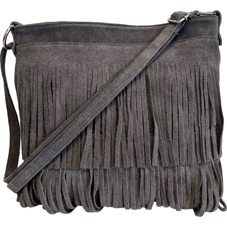 Modarno Borsa a tracolla con frange in camoscio - borsa tracolla donna in pelle scamosciata